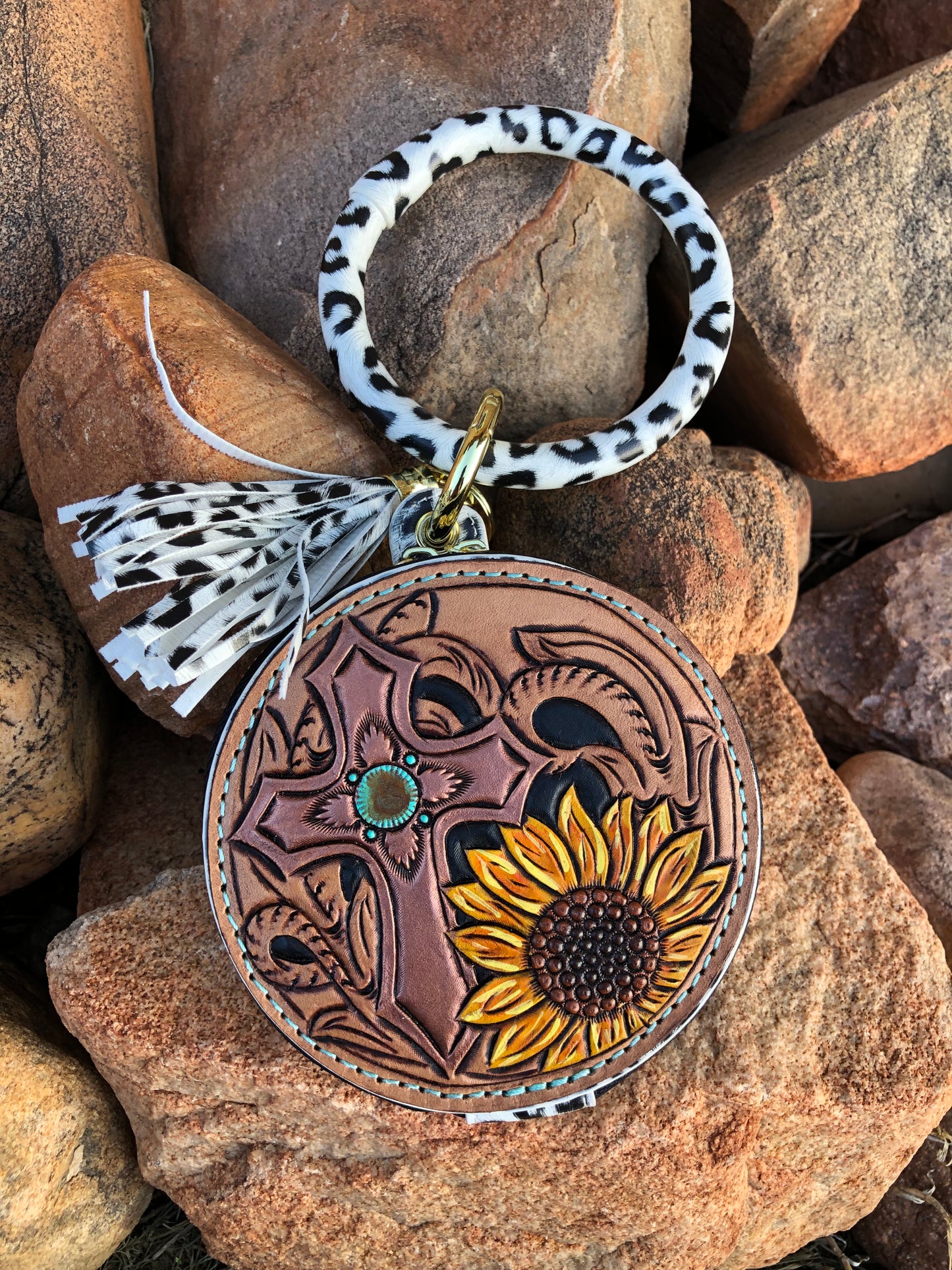 Western tooled leather cross and sunflower wristlet with mirror