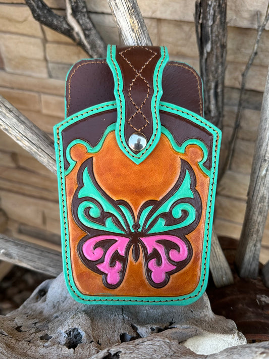 Western tooled leather butterfly belt cell phone case