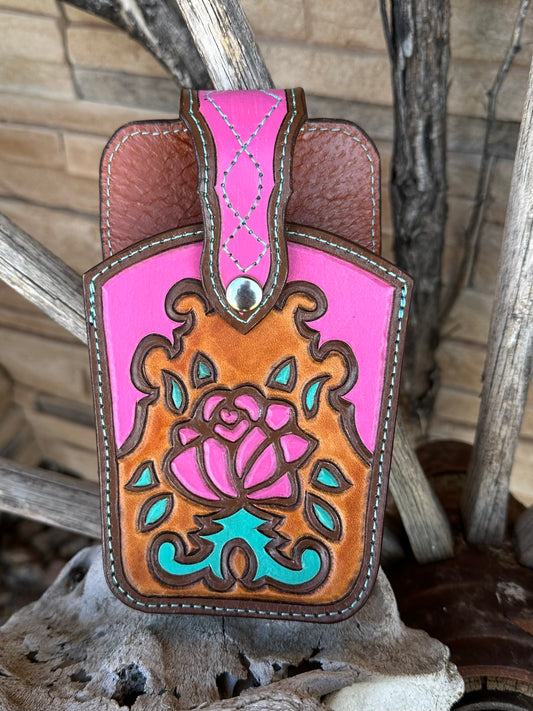 Western tooled leather rose belt cell phone case