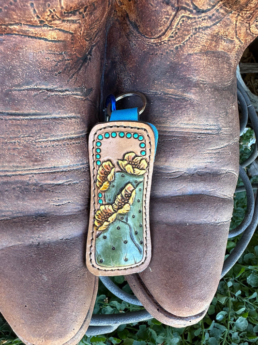 Western tooled leather prickly pear cactus chapstick keychain