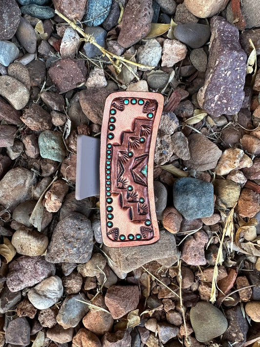 Southwestern tooled leather geometric medium claw clip