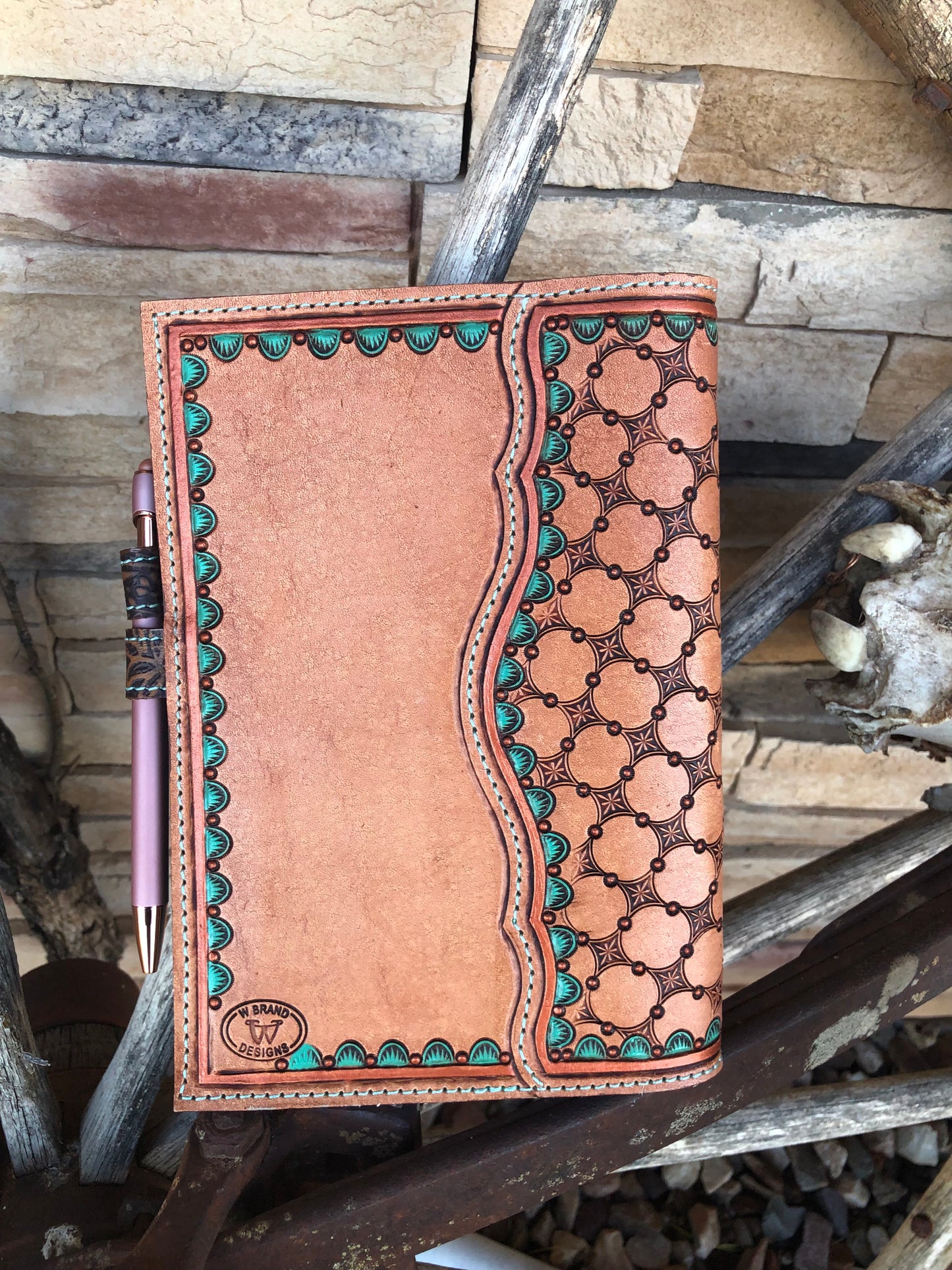 Western tooled leather floral memo book cover