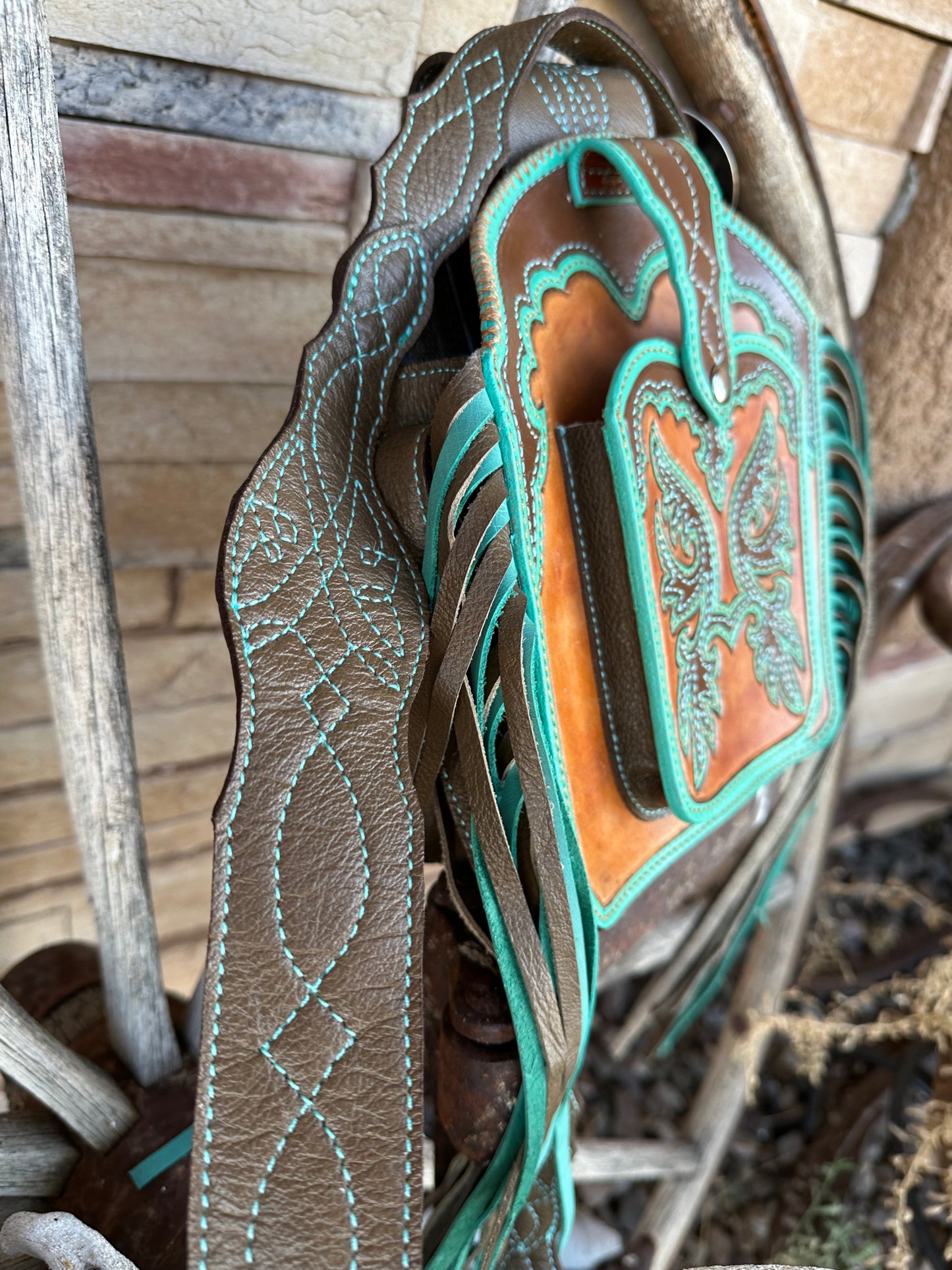 Western tooled leather turquoise and brown boot fringe bag with front cell phone pocket