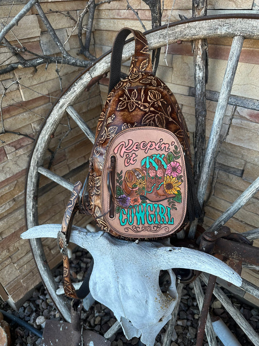 Western tooled leather Keepin it Cowgirl sling bag