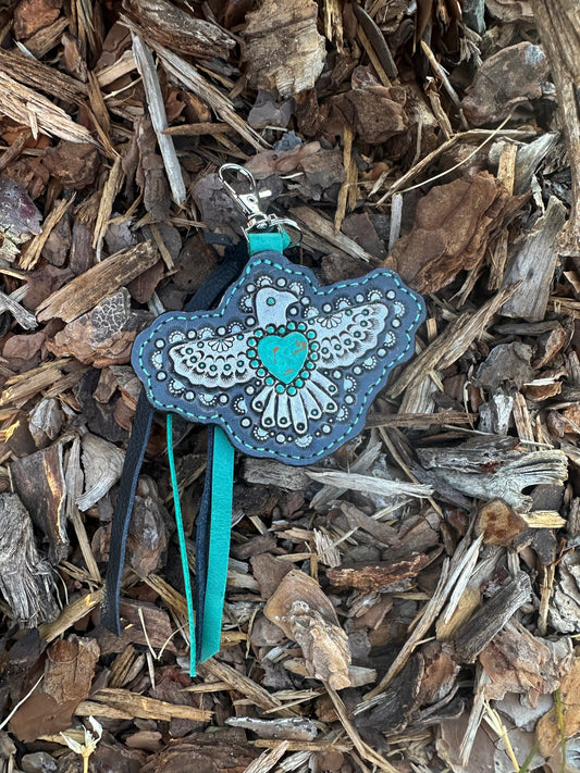 Southwestern tooled leather turquoise thunderbird keychain