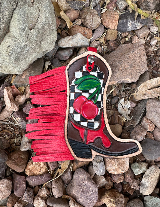 Western tooled leather checker print and cherries fringe boot chapstick keychain