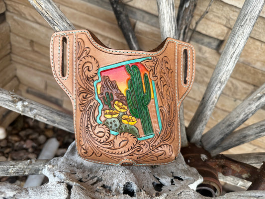 Southwest tooled leather desert cactus cell phone holster