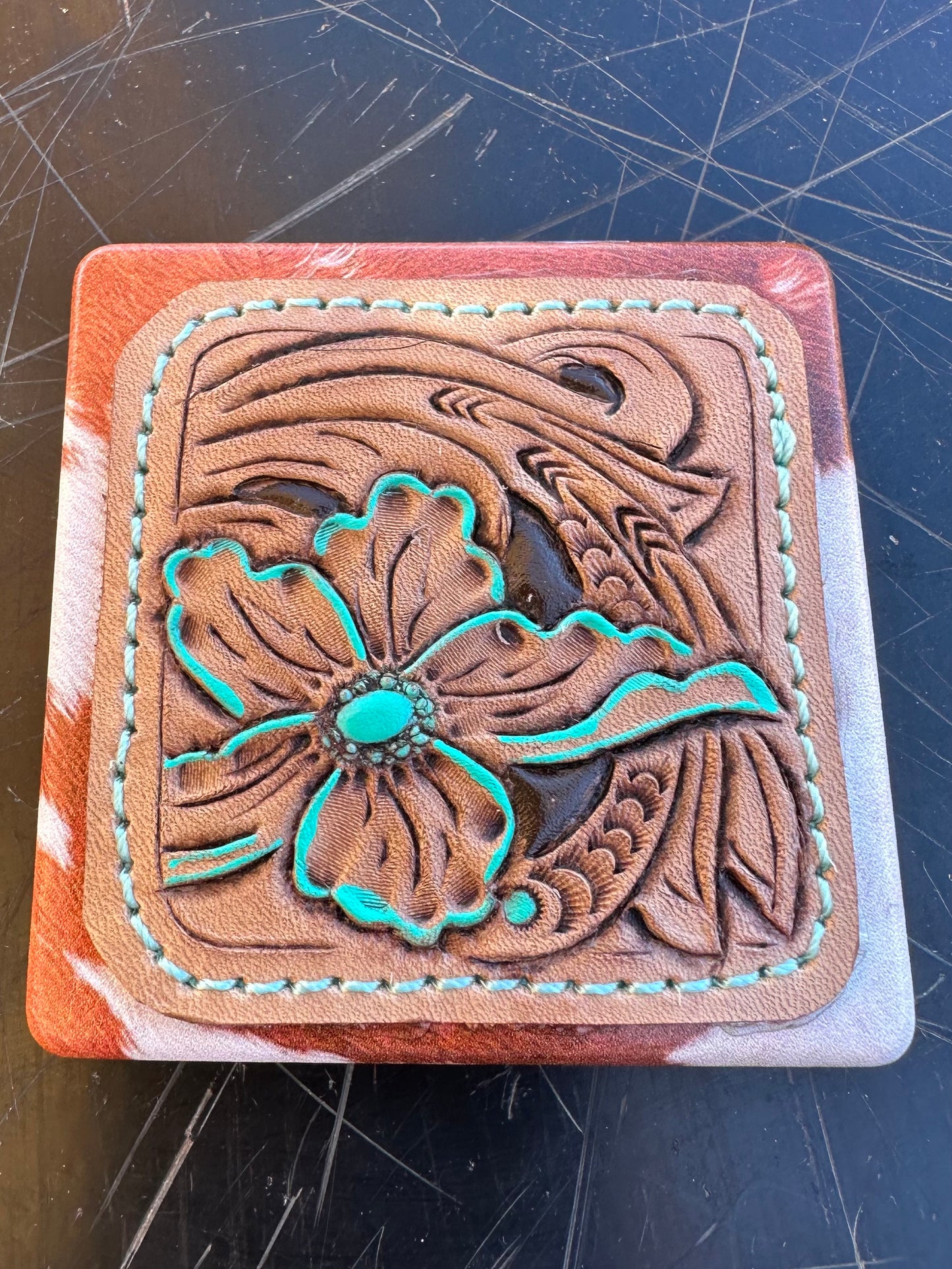 Western tooled leather floral patch compact mirror