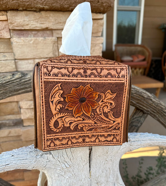 Western tooled leather floral tissue box cover