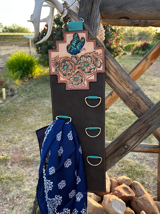 Western tooled leather butterfly wild rag scarf hanger