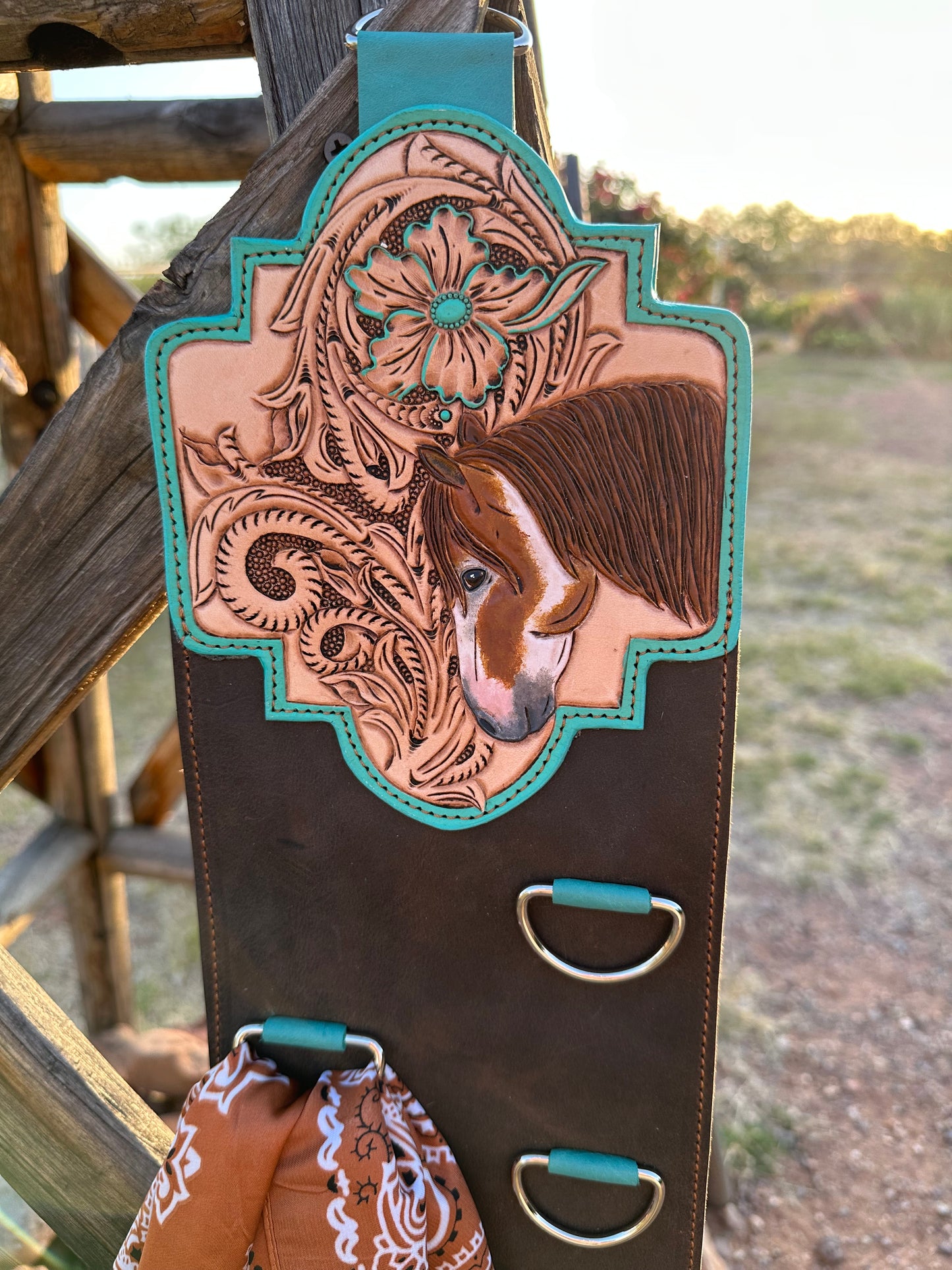 Western tooled leather horse wild rag scarf hanger