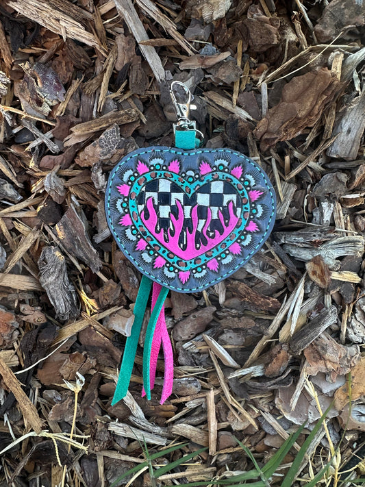 Western tooled leather retro checkered flaming heart keychain