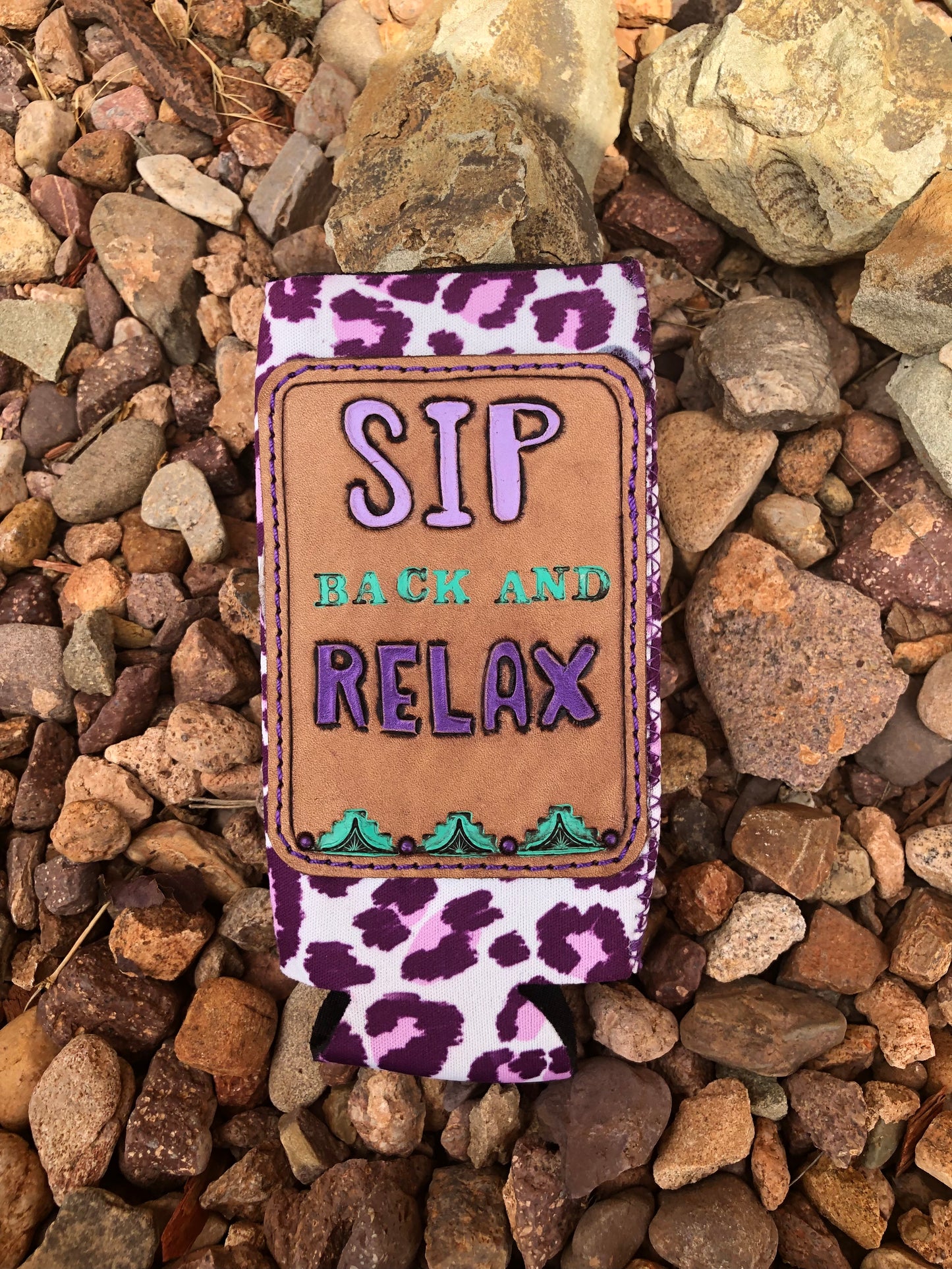 Western tooled leather sip back and relax slim can koozie
