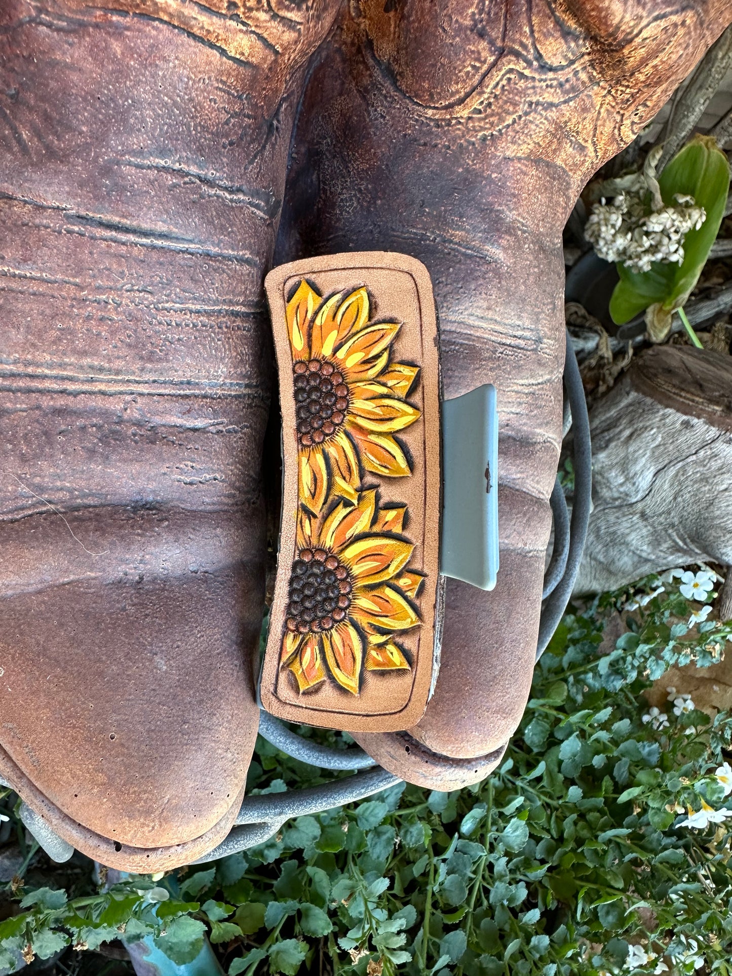 Western tooled leather sunflower claw clip large