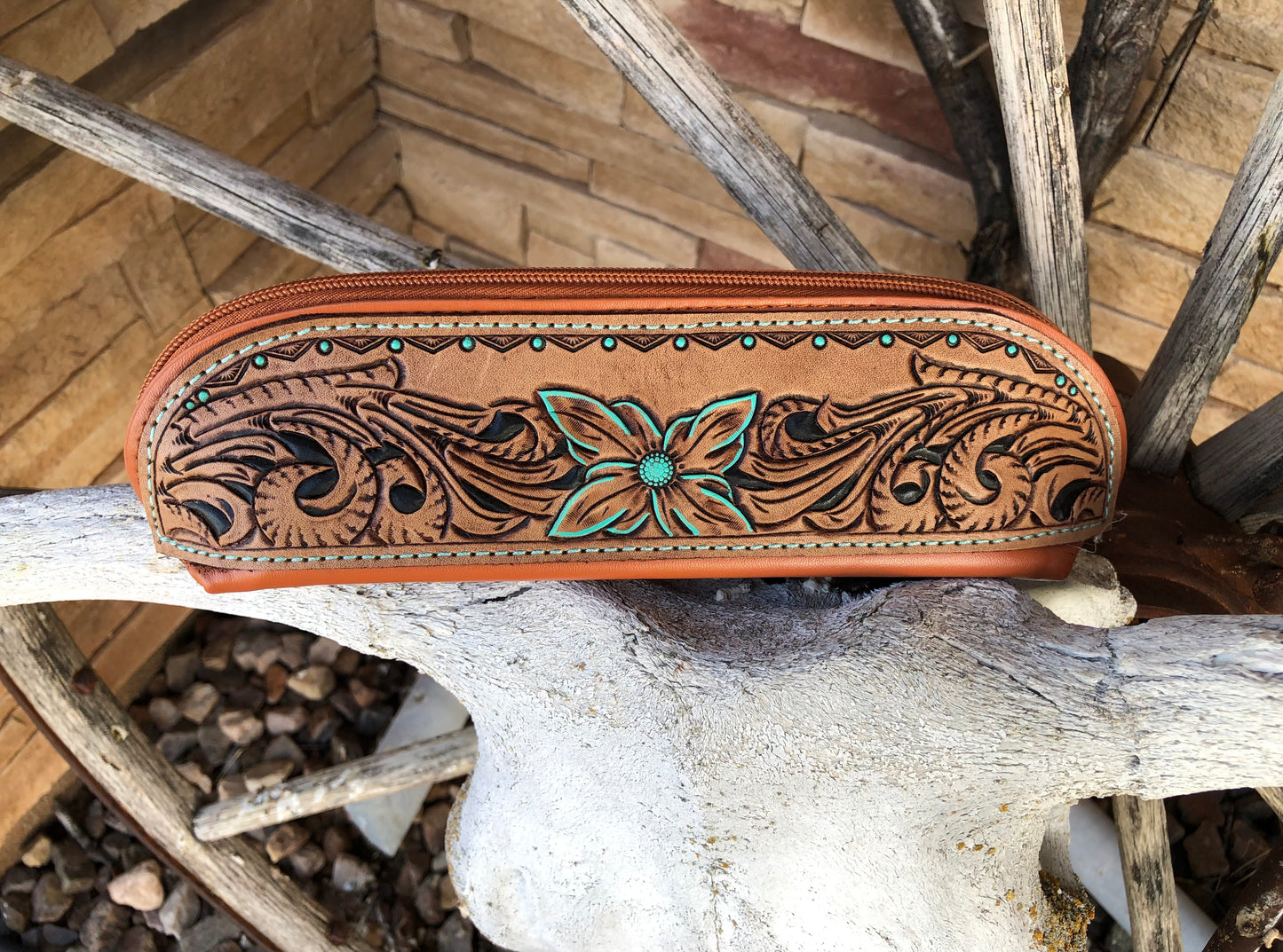 Western tooled leather floral small brown cosmetic brush or pencil bag