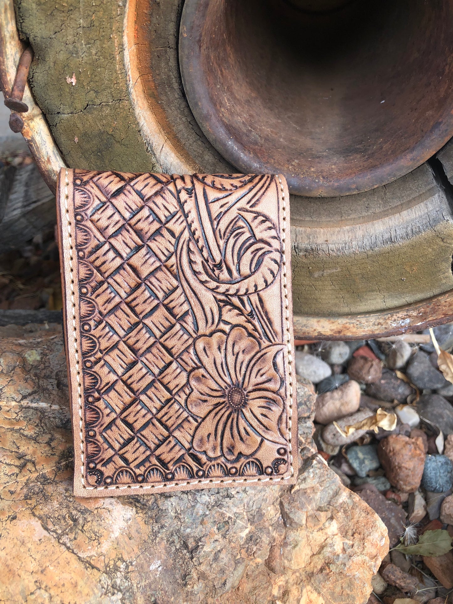 Western tooled leather floral pocket notepad