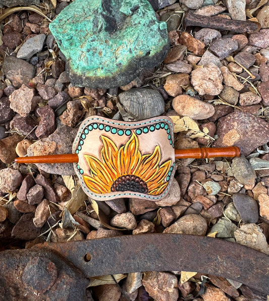 Western tooled leather sunflower stick hair barrette