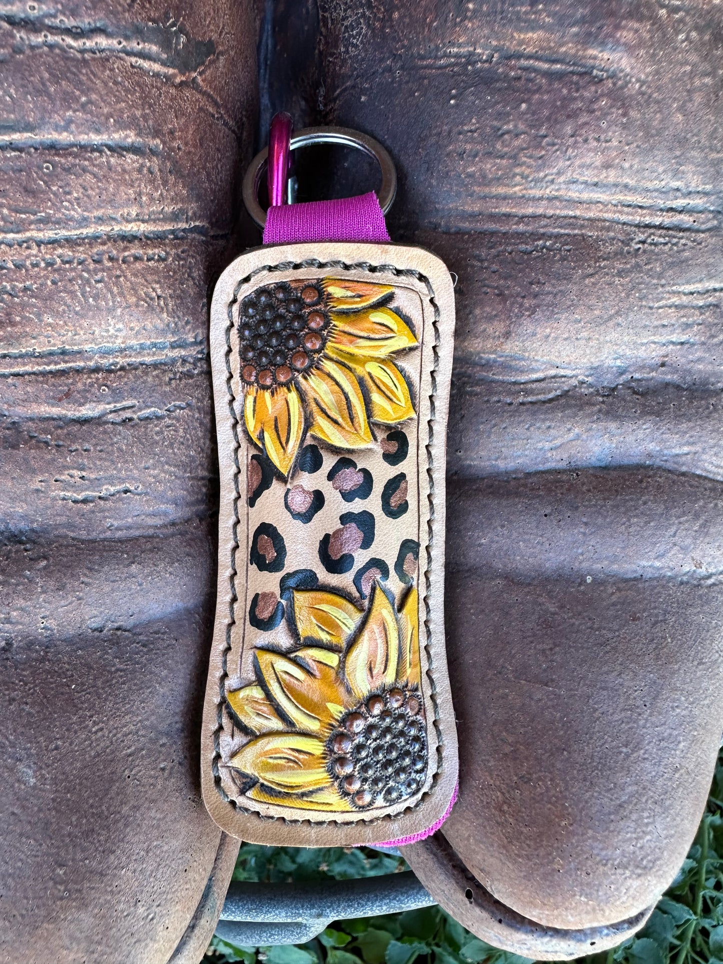 Western tooled leather sunflower and leopard print chapstick keychain