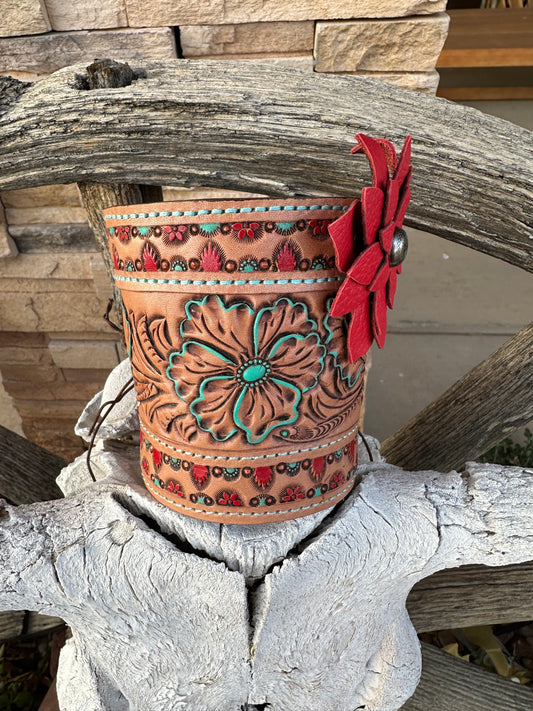 Western tooled leather red and turquoise floral pen holder