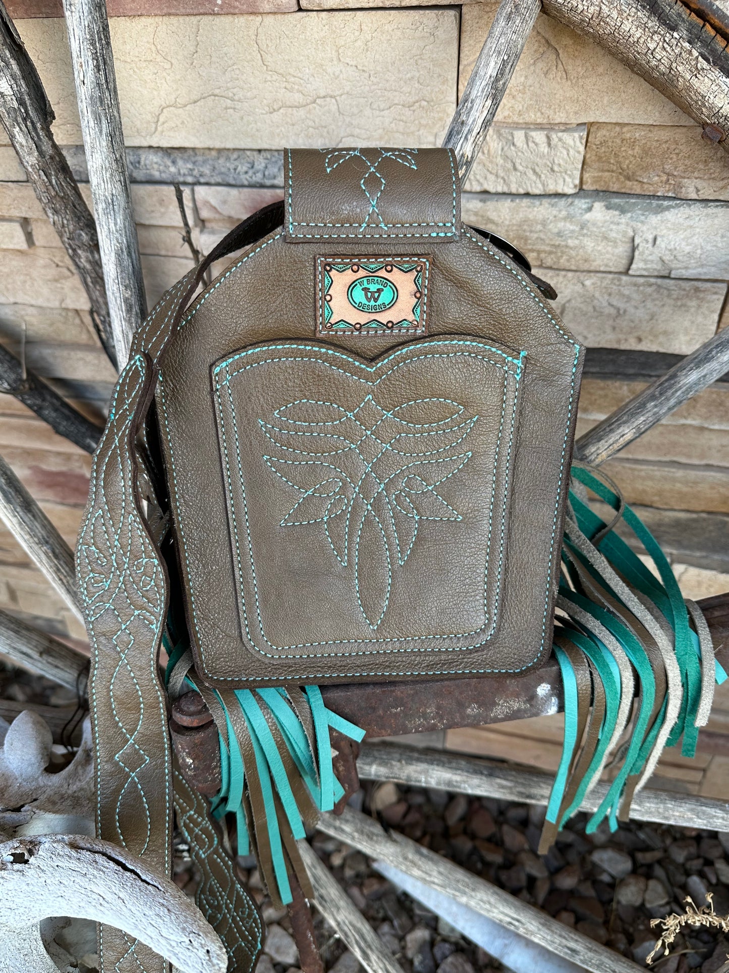 Western tooled leather turquoise and brown boot fringe bag with front cell phone pocket
