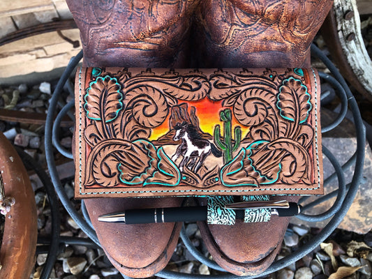 Southwestern tooled leather desert horse checkbook cover