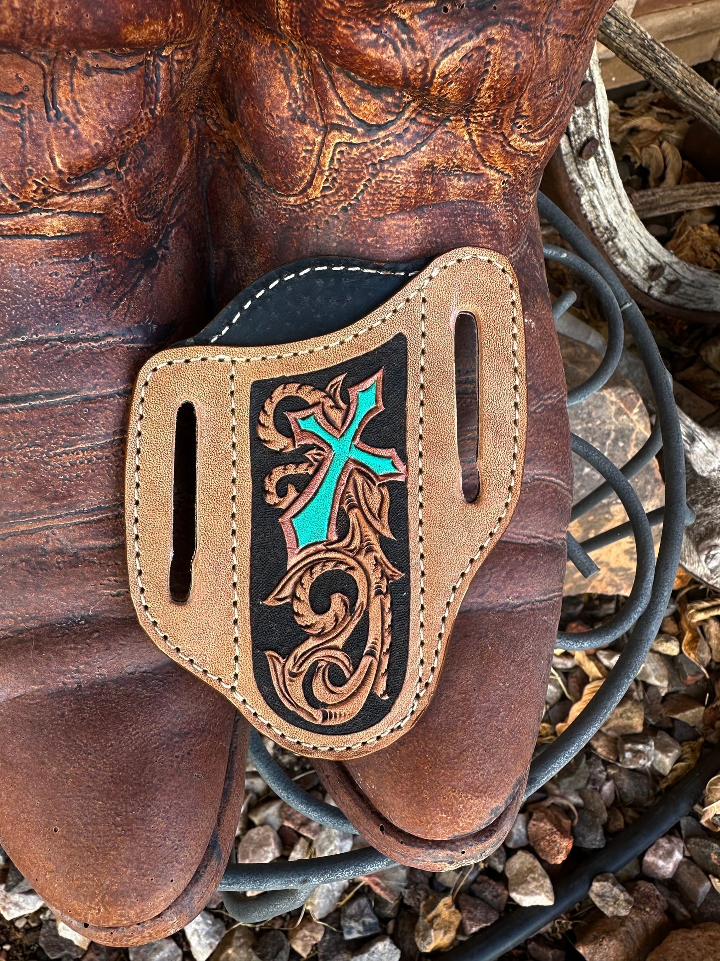 Western tooled leather turquoise and copper cross pancake knife sheath
