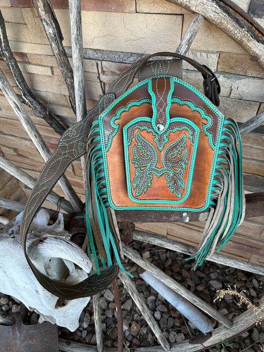 Western tooled leather turquoise and brown boot fringe bag with front cell phone pocket