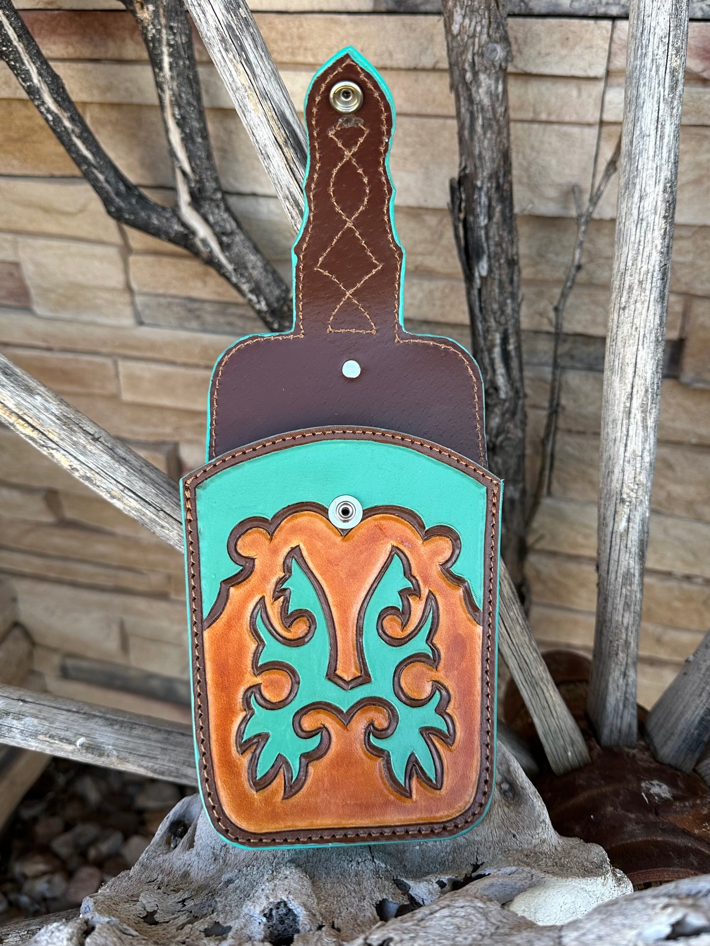 Western tooled leather brown and turquoise belt cell phone case