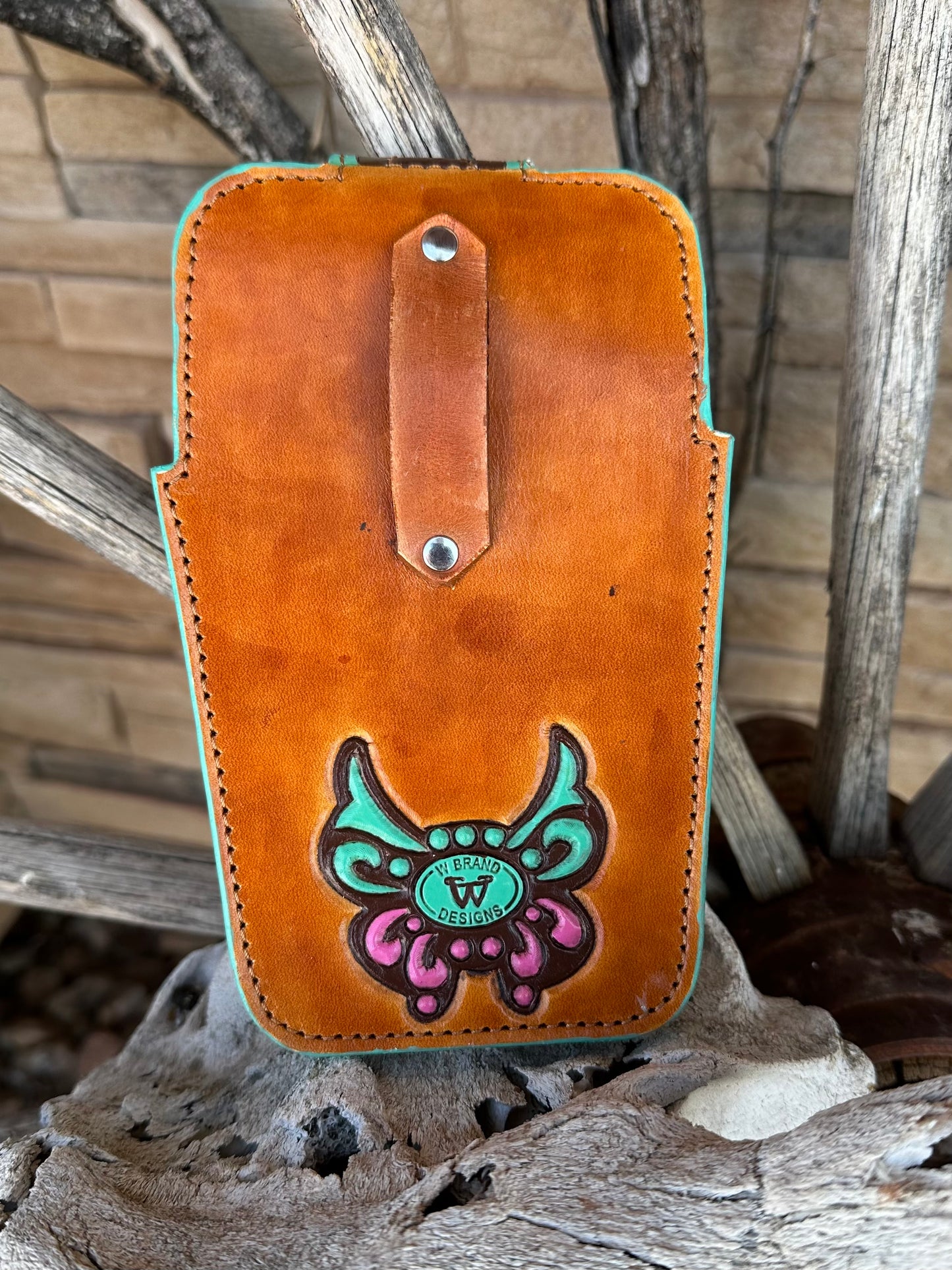 Western tooled leather butterfly belt cell phone case