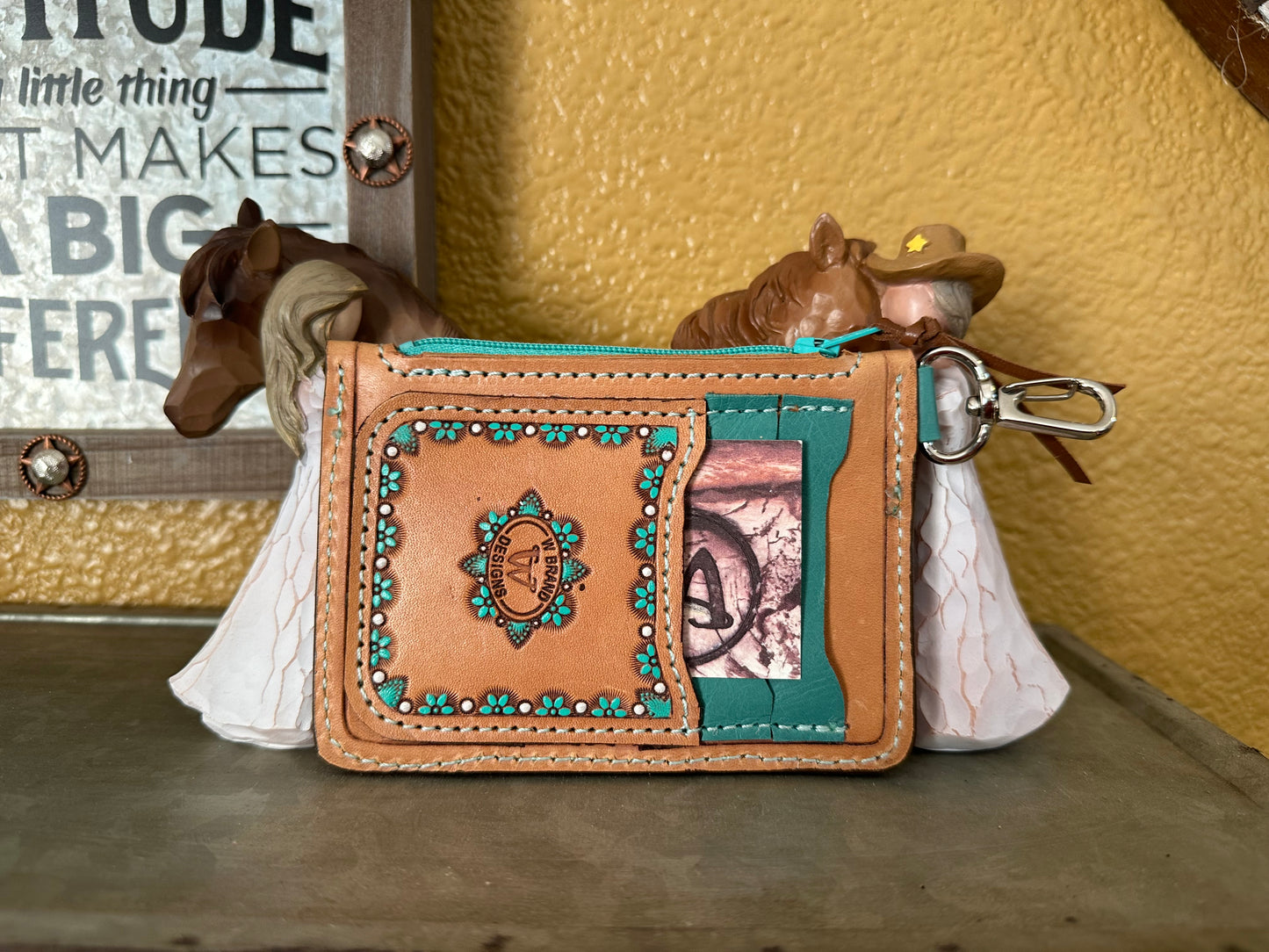 Western tooled leather floral and butterfly zipper card wallet