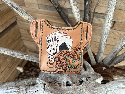Western tooled leather cards dice and floral cell phone holster large size