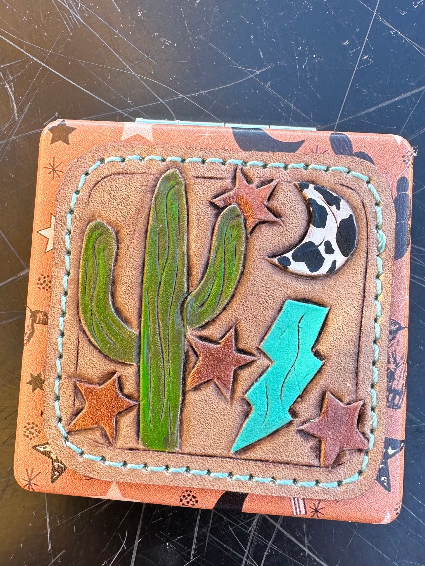 Western tooled leather cactus and star patch compact mirror