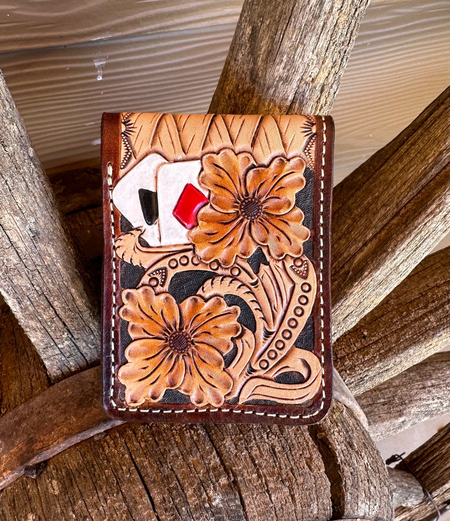 Western tooled leather floral ad cards bifold wallet