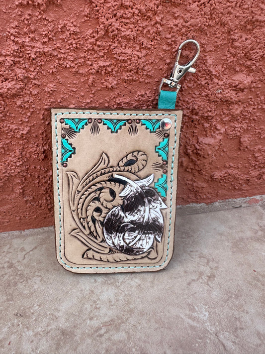 Western tooled leather feather card keychain