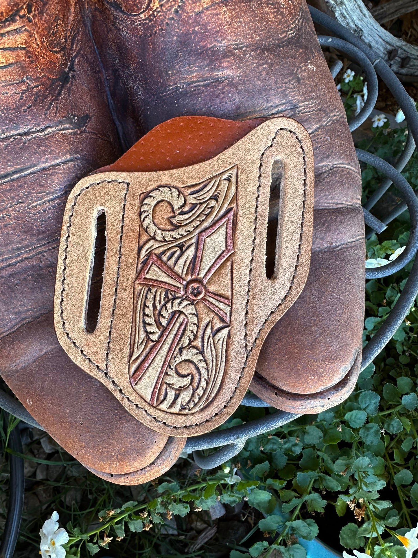 Western tooled leather copper cross knife sheath