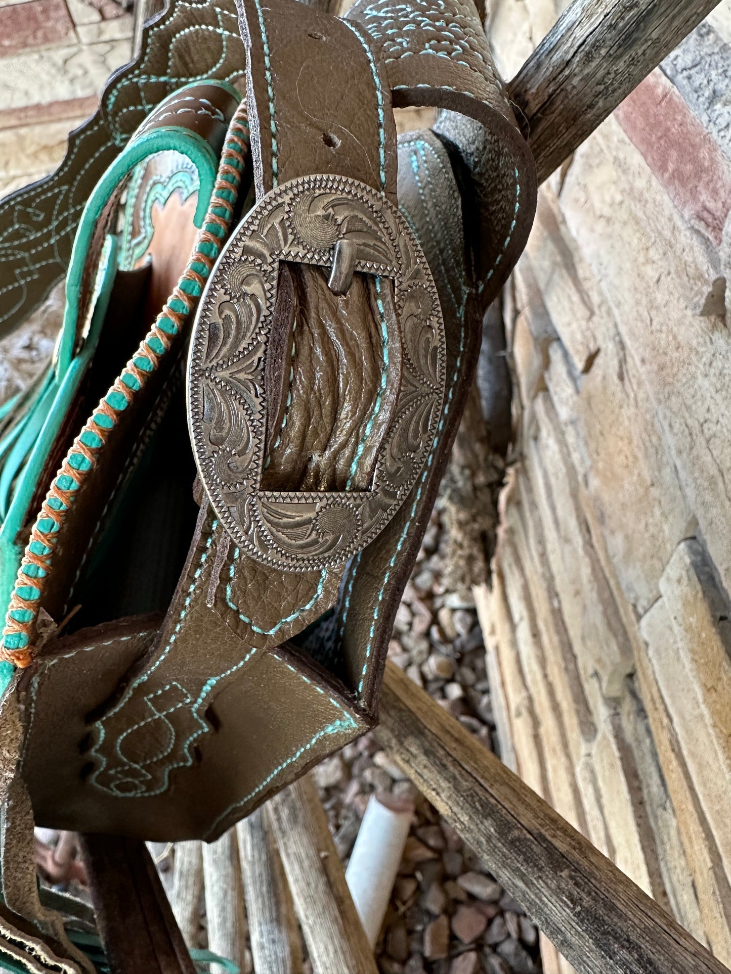 Western tooled leather turquoise and brown boot fringe bag with front cell phone pocket