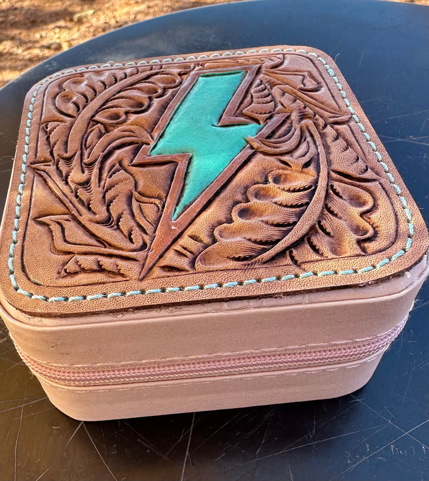 Western tooled leather lightning bolt patch travel jewelry cases
