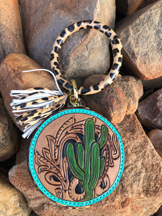 Western tooled leather cactus wristlet with mirror