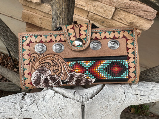 Southwest tooled leather feather and faux beadwork wallet