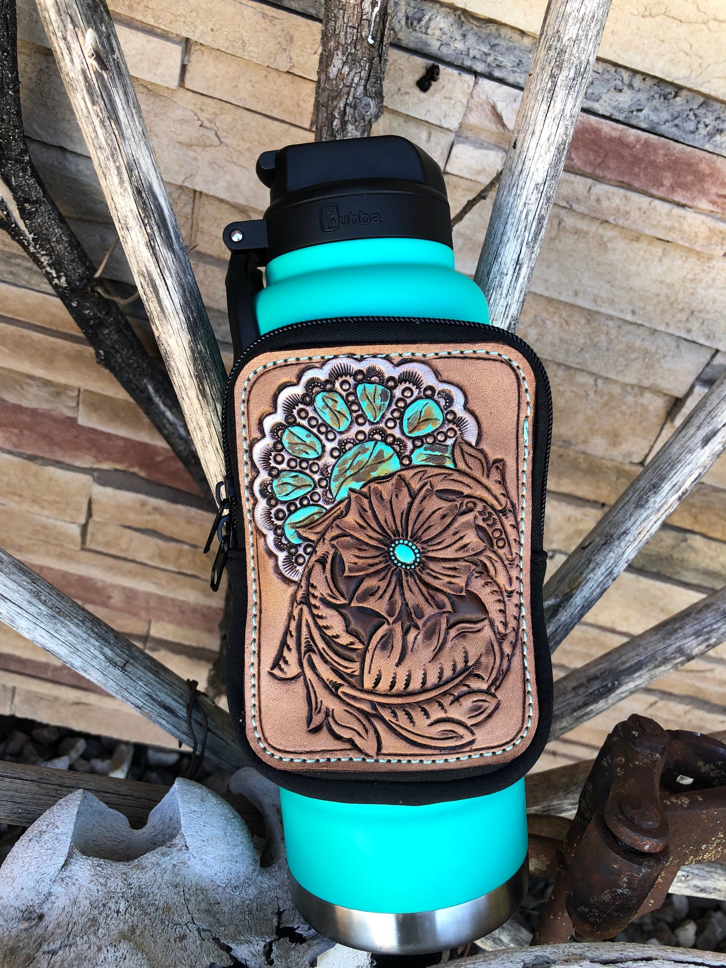 Western tooled leather floral and faux turquoise jewelry black tumbler pouch