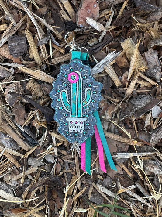 Southwestern tooled leather silver and turquoise Saguaro cactus keychain