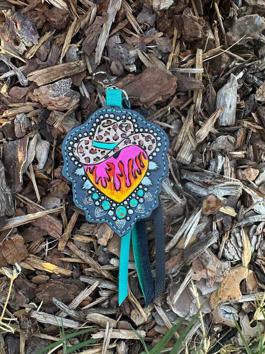 Western tooled leather retro flaming heart and cowboy hat keychain