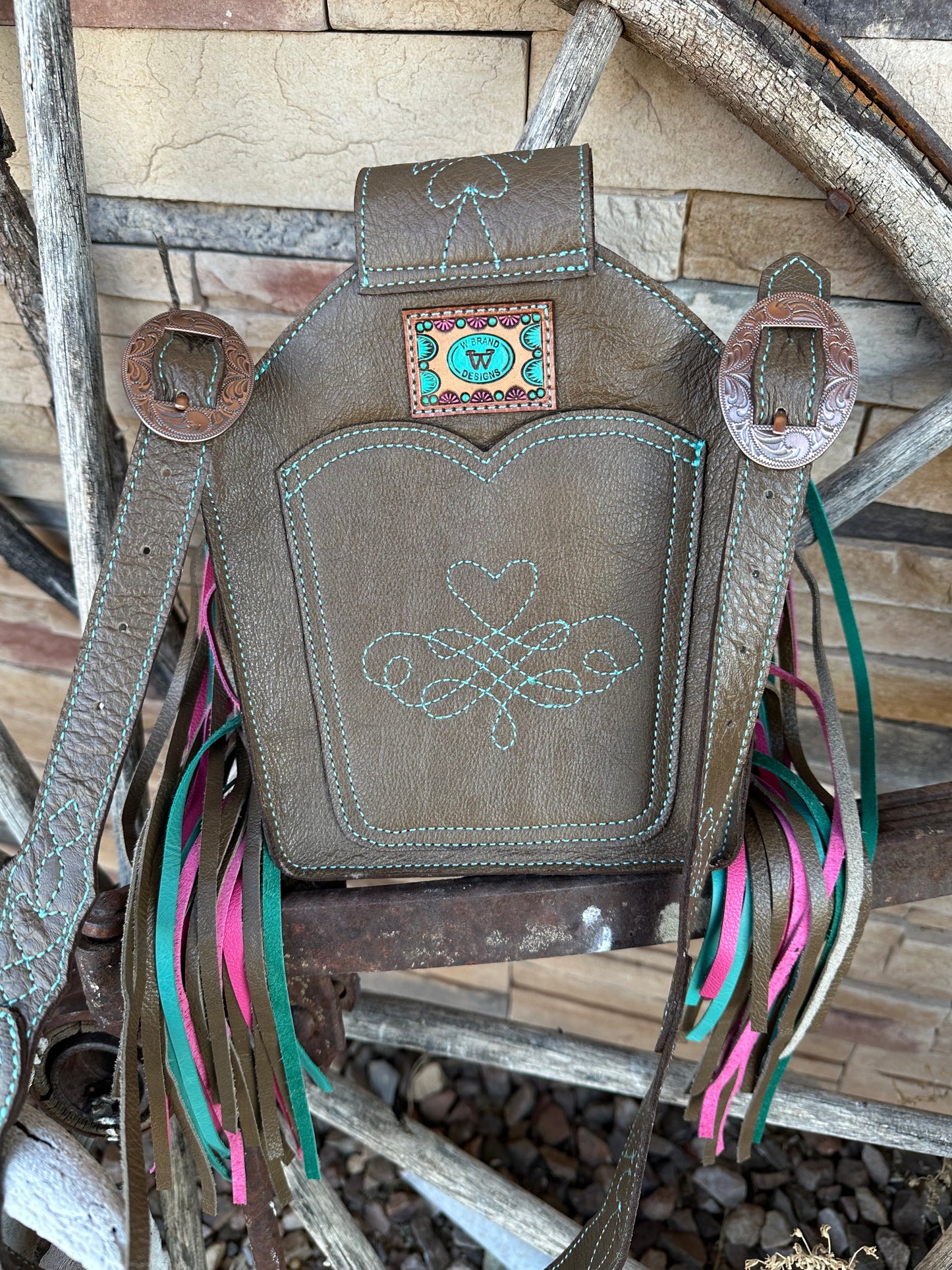 Western tooled leather heart boot fringe bag with front cell phone pocket