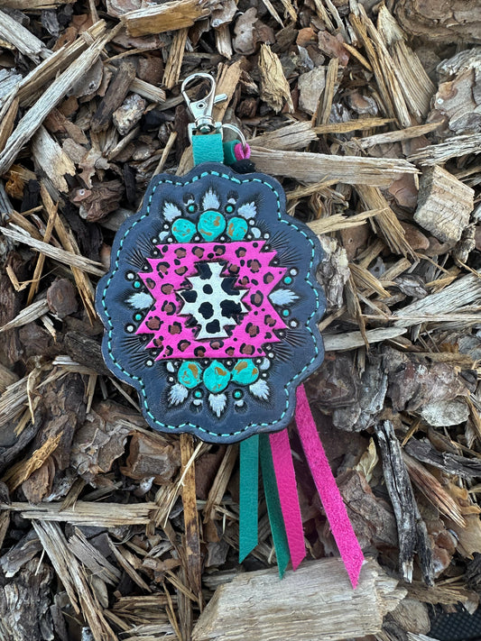 Southwestern tooled leather retro style keychain
