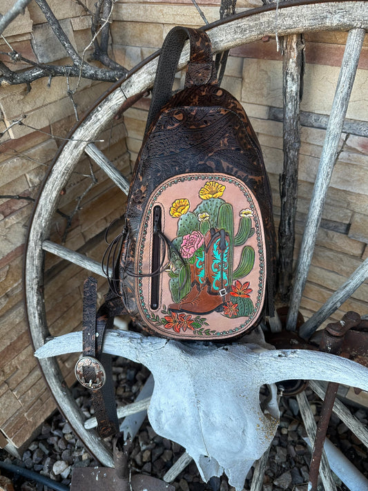 Western tooled leather cactus boots sling bag