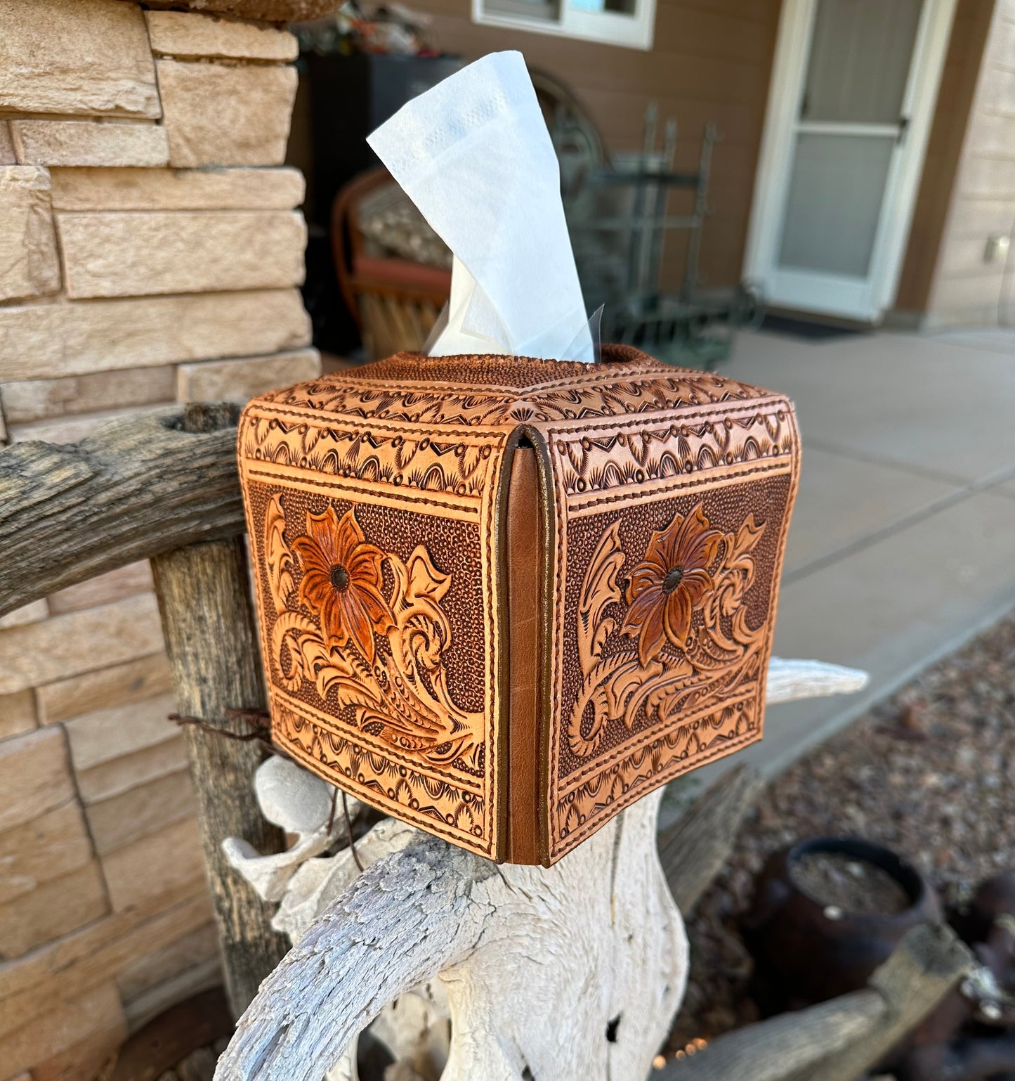 Western tooled leather floral tissue box cover