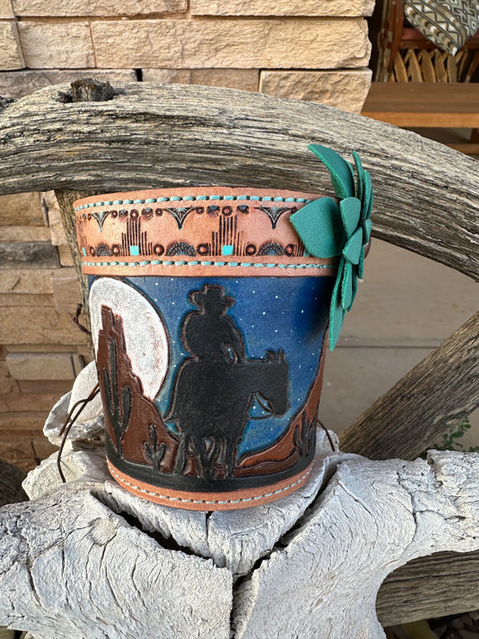 Western tooled leather night rider pen holders