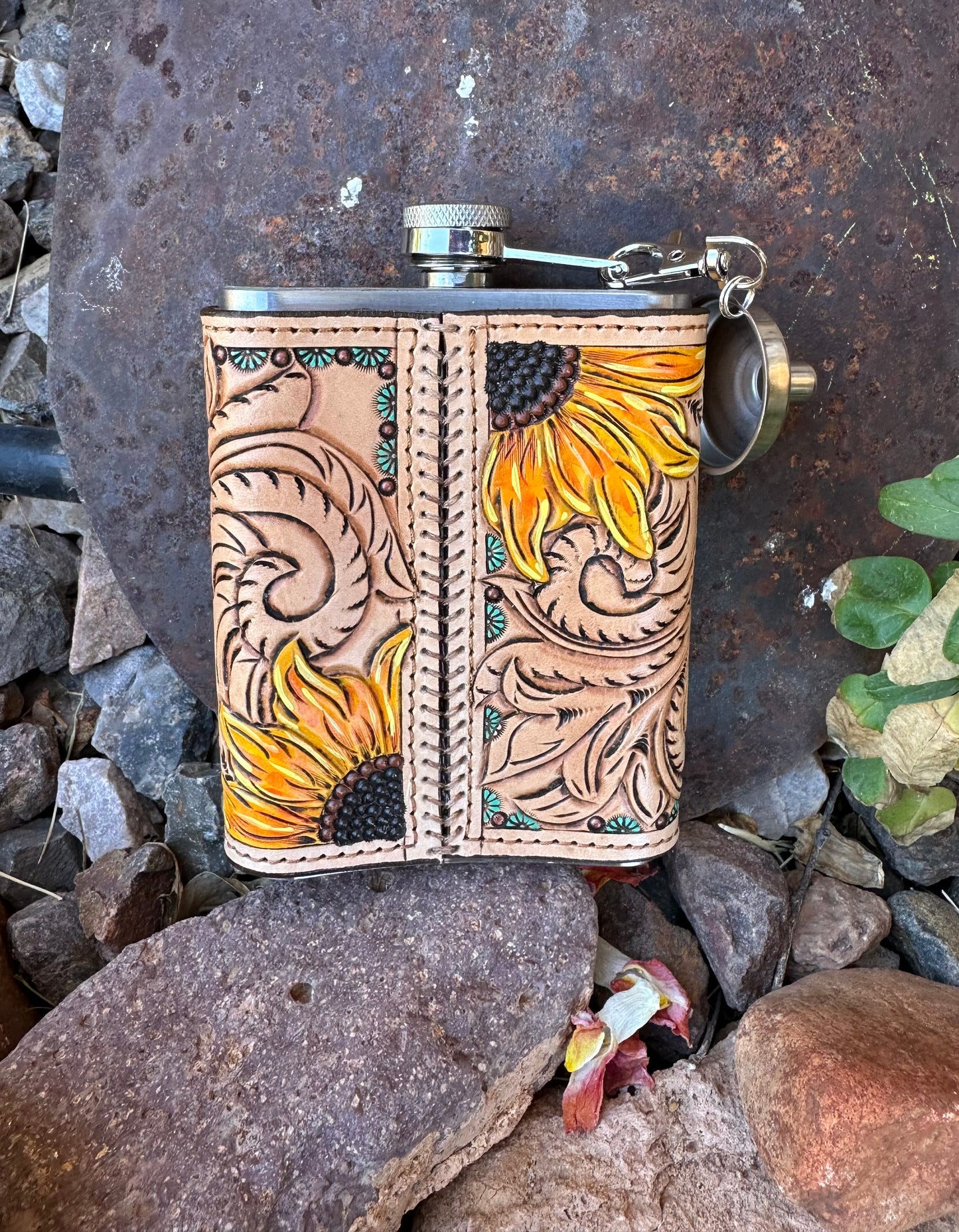 Western tooled leather cow and sunflower flask