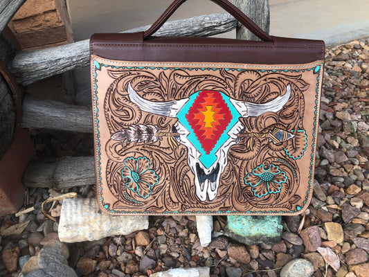 Western tooled leather floral and southwestern cow skull with arrow binder briefcase