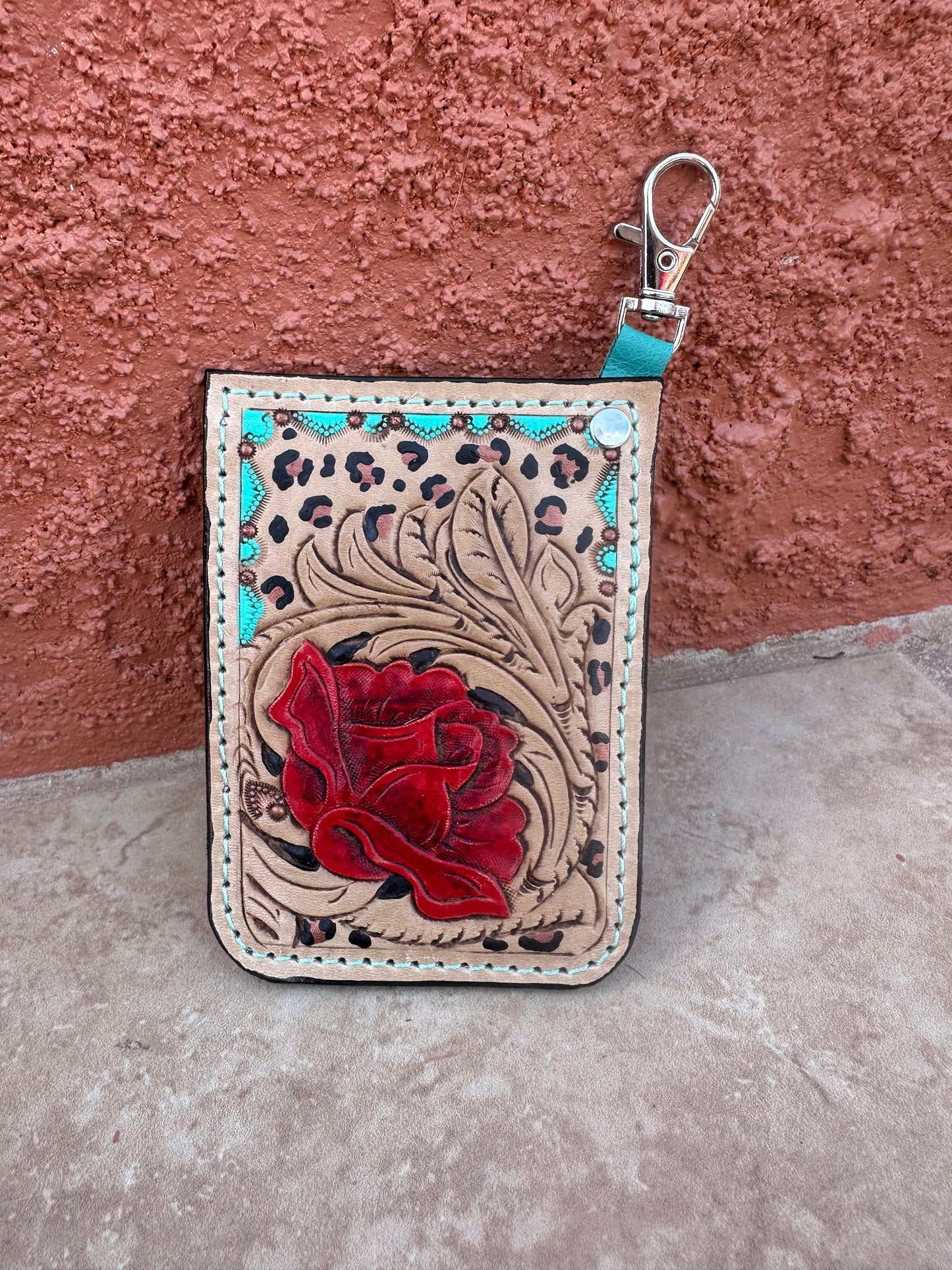 Western tooled leather rose and leopard print card keychain